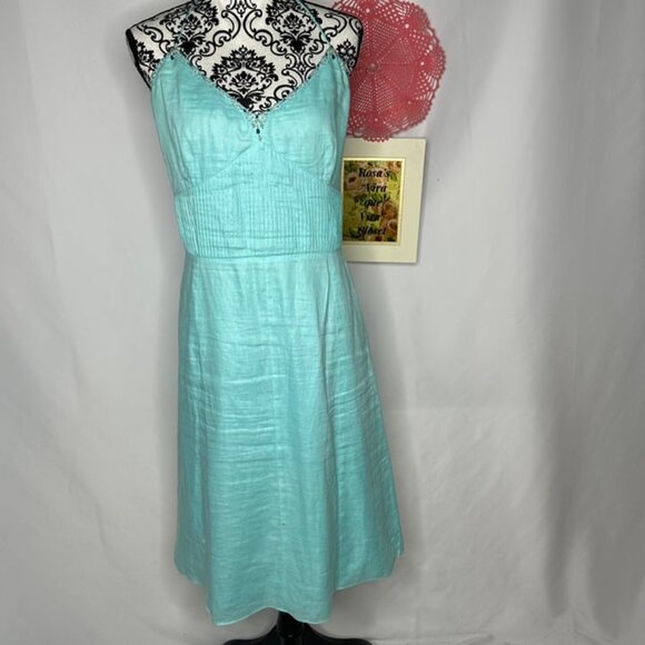 Ann Taylor Ocean Blue 100% Linen Bedded Halter Dress Size 14 - Picture 2 of 10